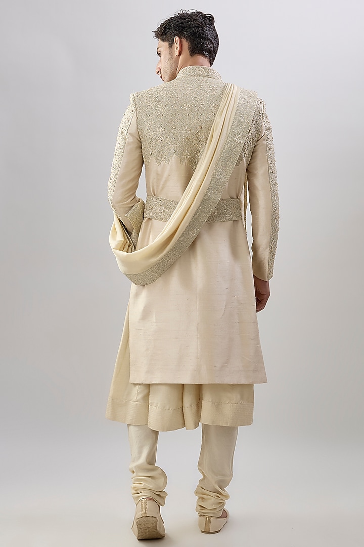 Gold Silk Groom Sherwani Set by Jayesh and Kaajal Shah Men at Pernia's Pop Up Shop