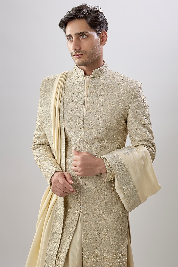 Gold Silk Groom Sherwani Set by Jayesh and Kaajal Shah Men at Pernia's Pop Up Shop