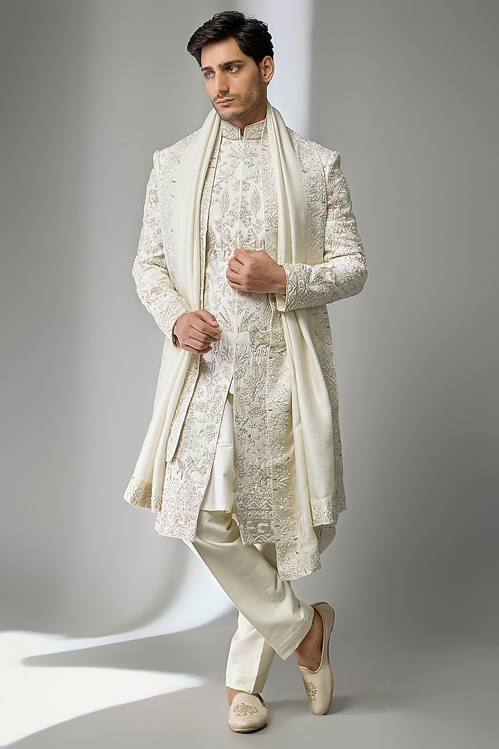 Cream Silk Groom Sherwani Set by Jayesh and Kaajal Shah Men at Pernia's Pop Up Shop