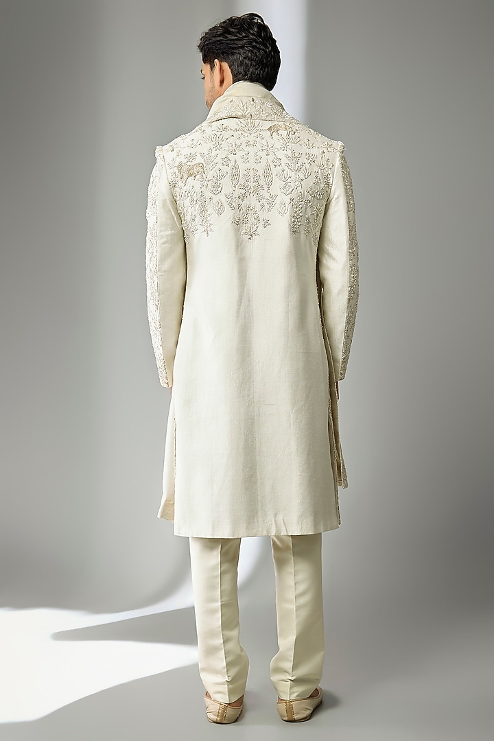 Ivory Silk Hand Embroidered Groom Sherwani Set by Jayesh and Kaajal Shah Men at Pernia's Pop Up Shop