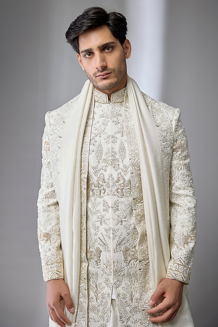 Ivory Silk Hand Embroidered Groom Sherwani Set by Jayesh and Kaajal Shah Men at Pernia's Pop Up Shop