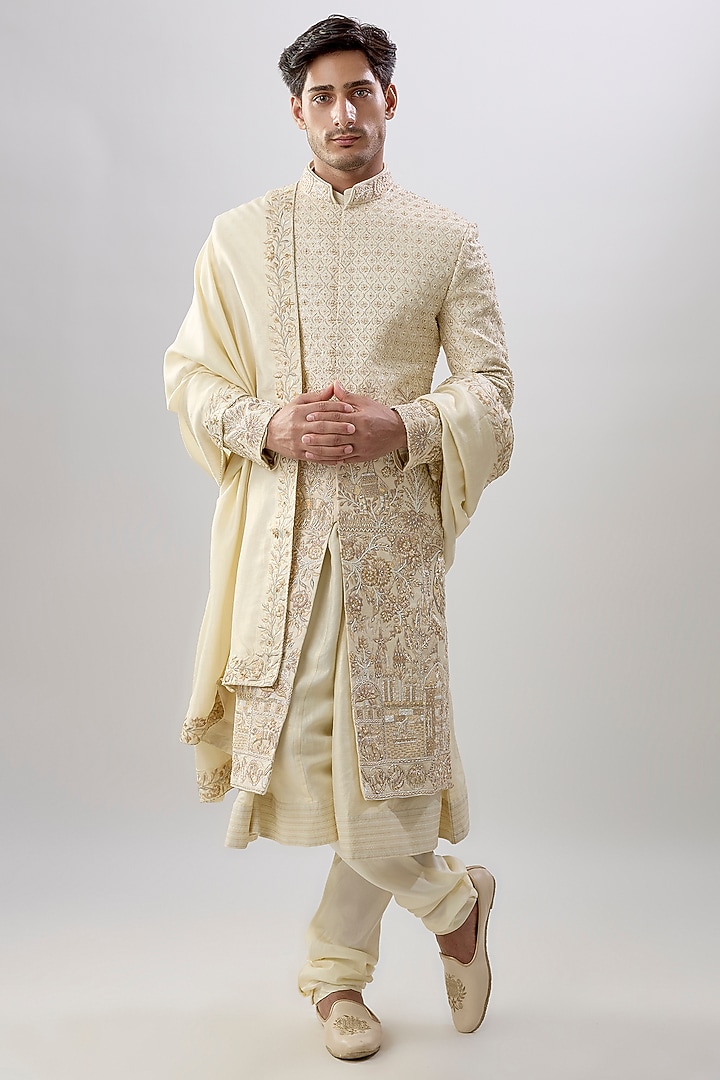 Light Gold Silk Groom Sherwani Set by Jayesh and Kaajal Shah Men at Pernia's Pop Up Shop