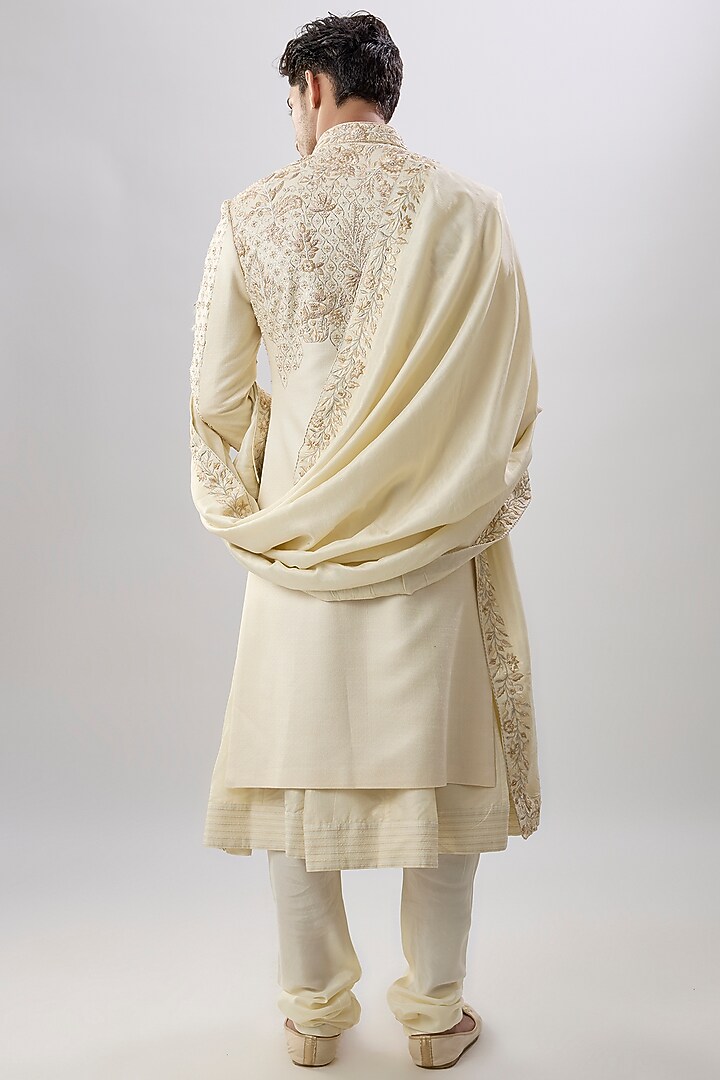 Light Gold Silk Groom Sherwani Set by Jayesh and Kaajal Shah Men at Pernia's Pop Up Shop