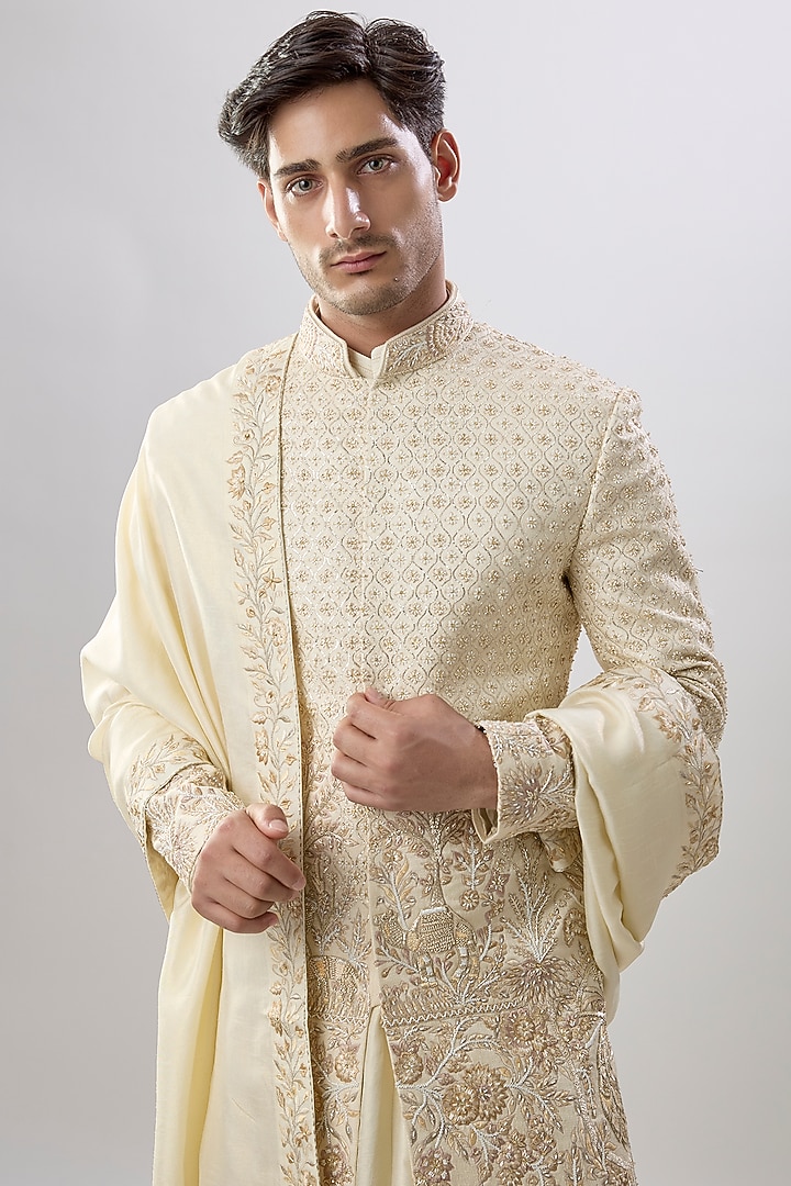 Light Gold Silk Groom Sherwani Set by Jayesh and Kaajal Shah Men at Pernia's Pop Up Shop