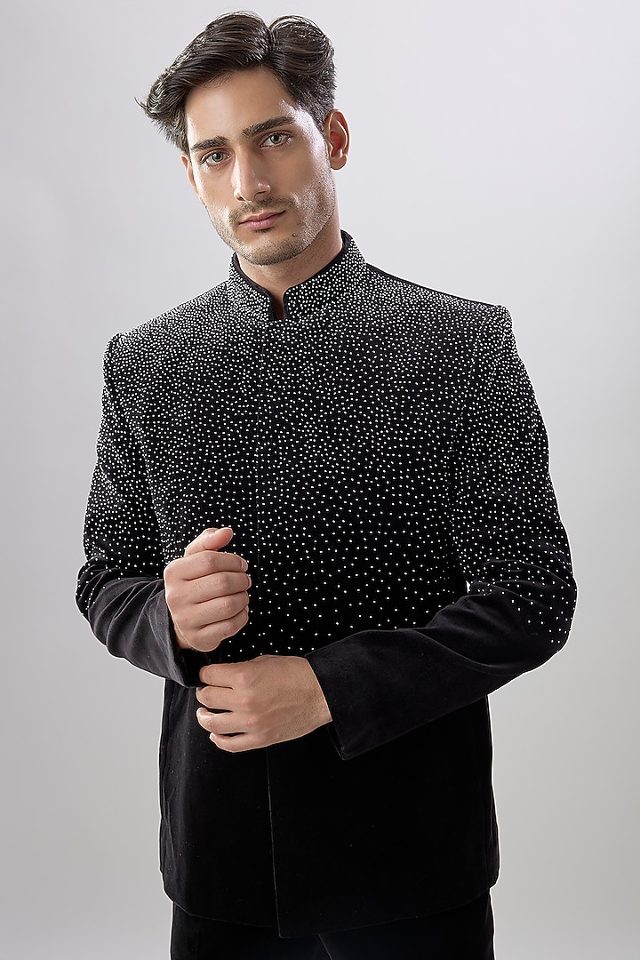 Black Velvet Wedding Bandhgala Set by Jayesh and Kaajal Shah Men at Pernia's Pop Up Shop