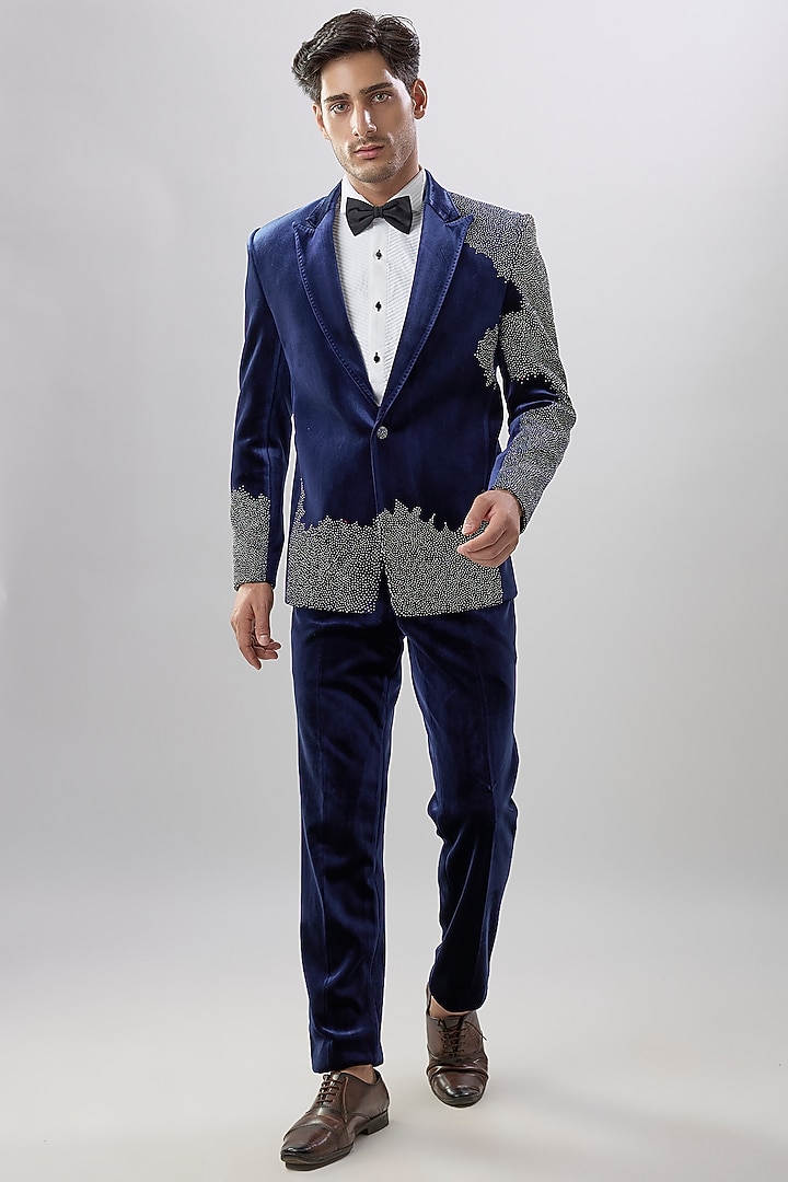 Navy Suede Tuxedo Set by Jayesh and Kaajal Shah Men at Pernia's Pop Up Shop