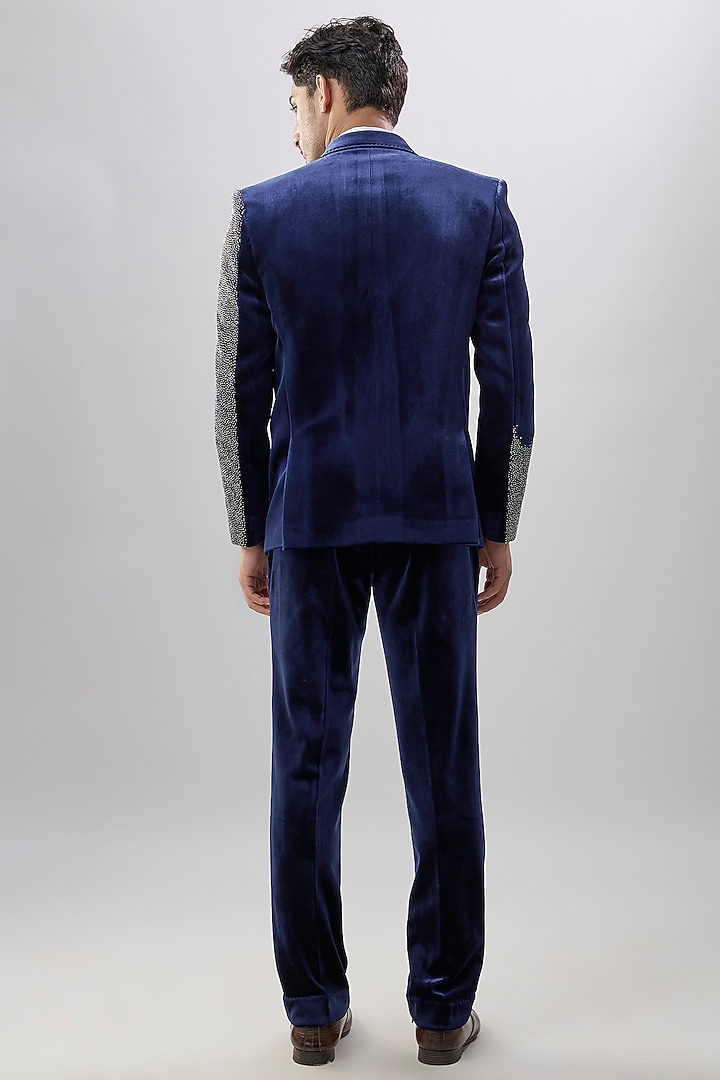 Navy Suede Tuxedo Set by Jayesh and Kaajal Shah Men at Pernia's Pop Up Shop