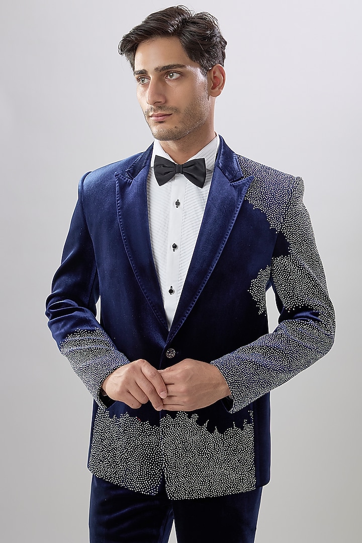 Navy Suede Tuxedo Set by Jayesh and Kaajal Shah Men at Pernia's Pop Up Shop