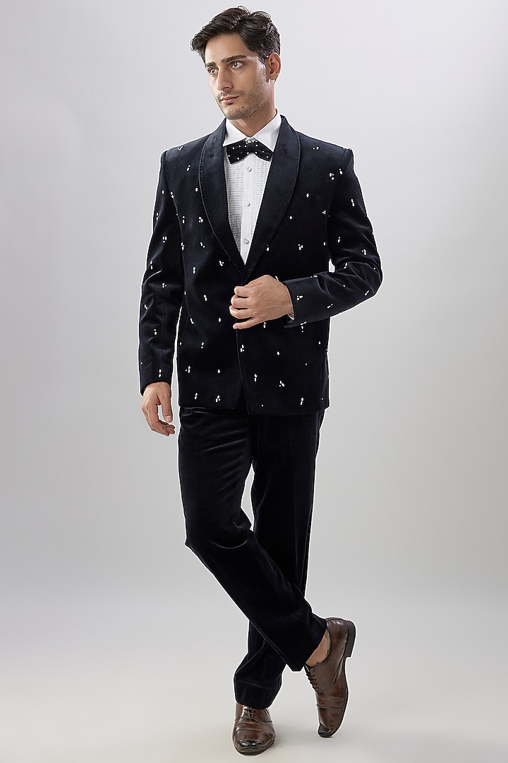 Blue Suede Tuxedo Set by Jayesh and Kaajal Shah Men at Pernia's Pop Up Shop