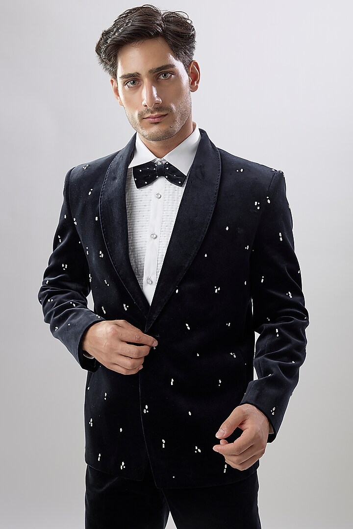 Blue Suede Tuxedo Set by Jayesh and Kaajal Shah Men at Pernia's Pop Up Shop