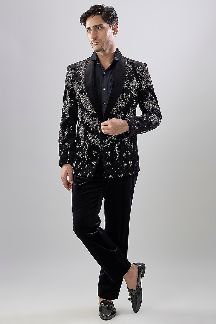 Black Velvet Tuxedo Set by Jayesh and Kaajal Shah Men at Pernia's Pop Up Shop