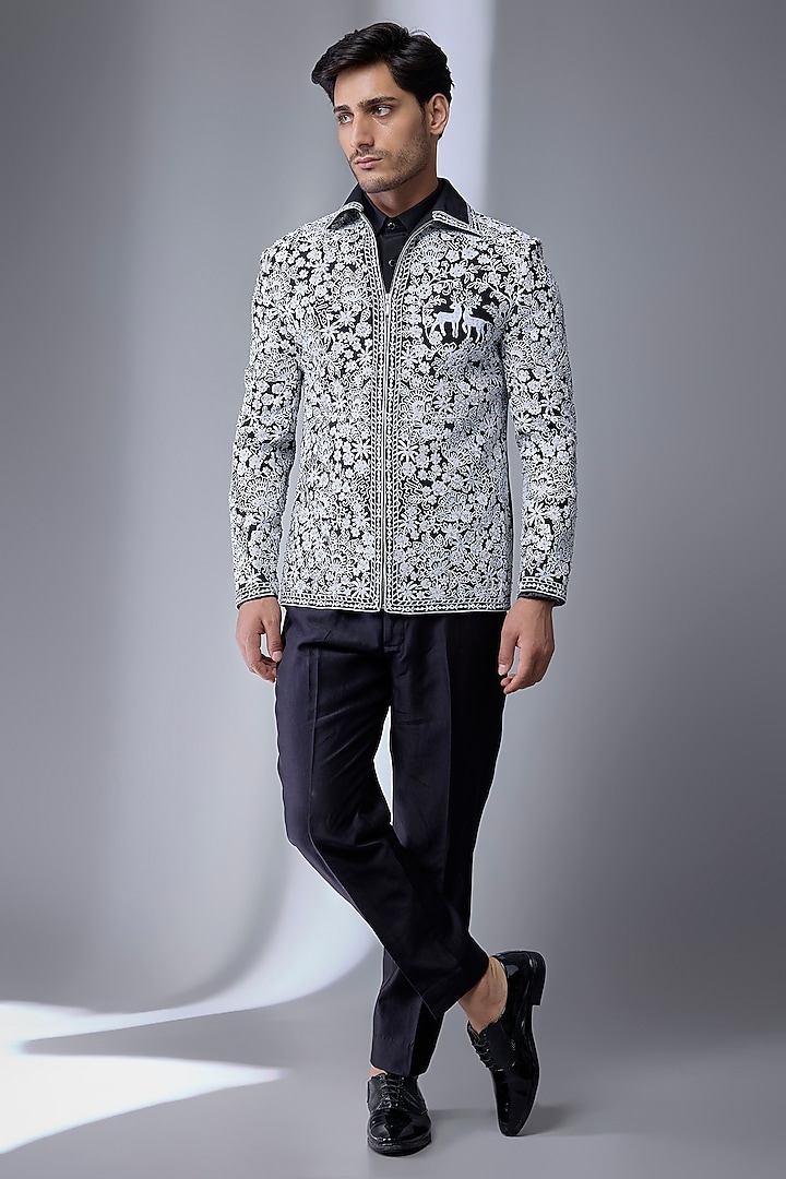 Black Silk Jacket Set by Jayesh and Kaajal Shah Men at Pernia's Pop Up Shop