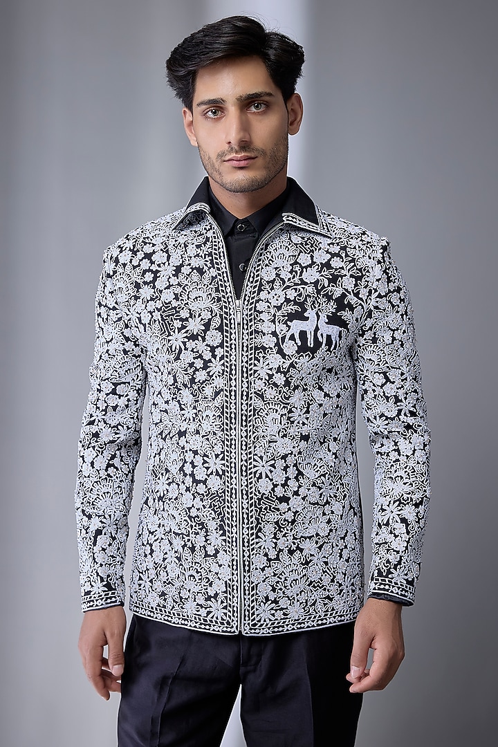 Black Silk Jacket Set by Jayesh and Kaajal Shah Men at Pernia's Pop Up Shop