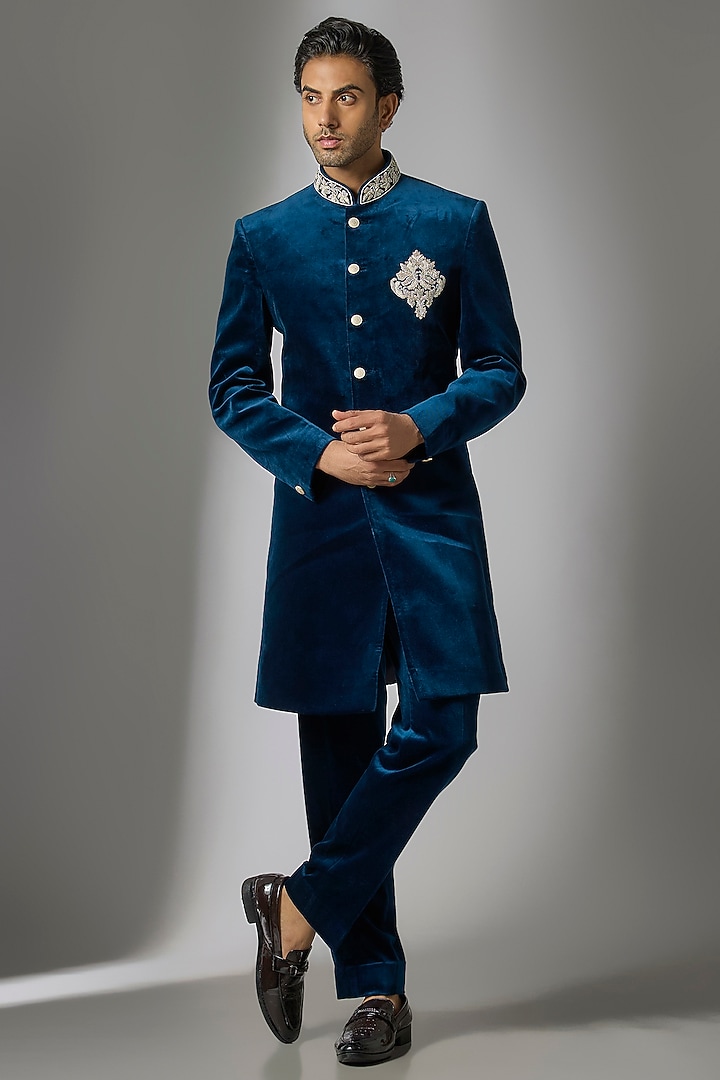 Teal Blue Velvet Indo-Western Set by Jayesh and Kaajal Shah Men at Pernia's Pop Up Shop