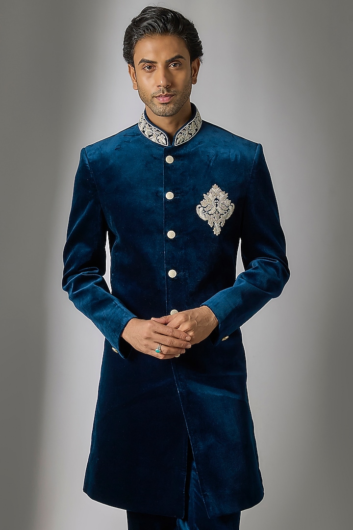 Teal Blue Velvet Indo-Western Set by Jayesh and Kaajal Shah Men at Pernia's Pop Up Shop