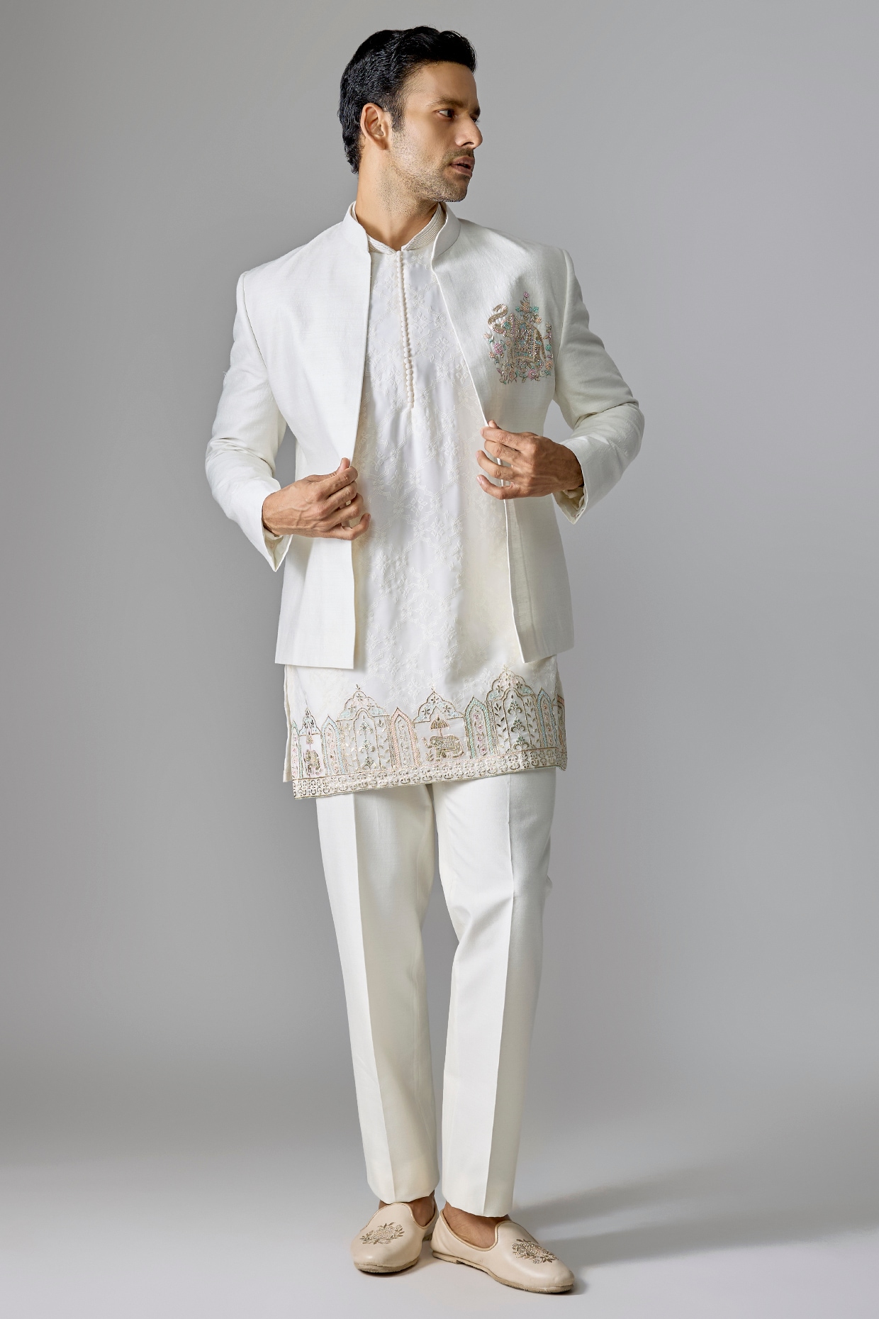 Jayesh and Kaajal Shah Ivory Silk Indowestern Set