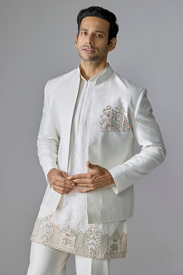 Ivory Silk Wedding Indowestern Set by Jayesh and Kaajal Shah Men at Pernia's Pop Up Shop