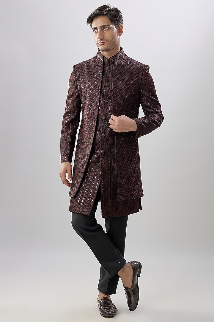 Black Silk Wedding Indowestern Set by Jayesh and Kaajal Shah Men at Pernia's Pop Up Shop