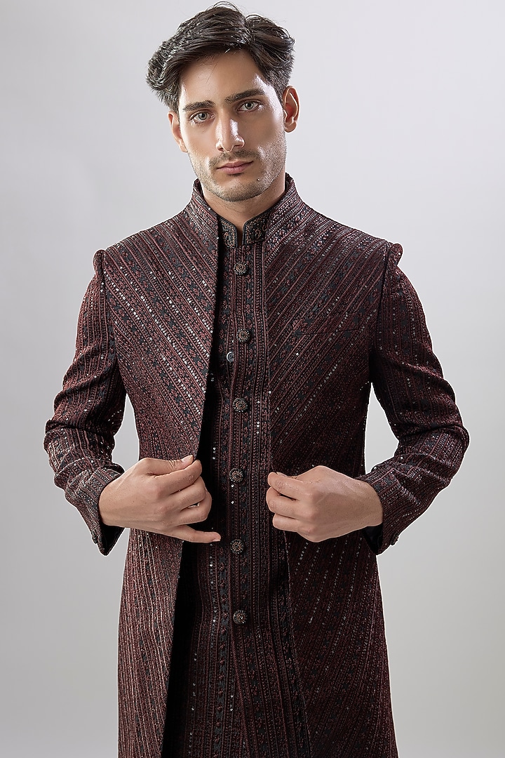 Black Silk Wedding Indowestern Set by Jayesh and Kaajal Shah Men at Pernia's Pop Up Shop