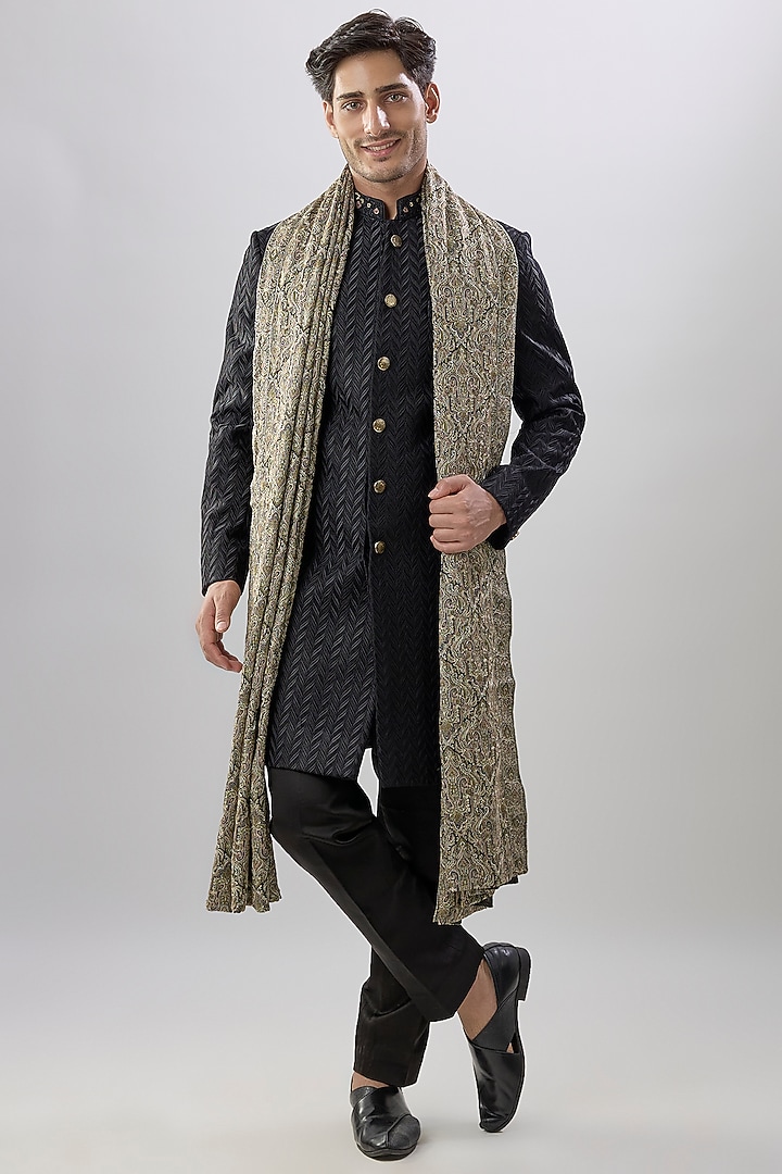 Black Silk Wedding Indowestern Set by Jayesh and Kaajal Shah Men at Pernia's Pop Up Shop