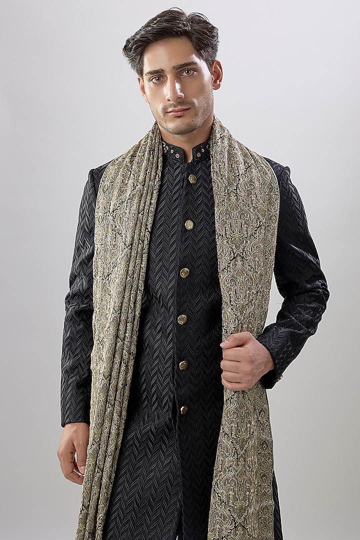 Black Silk Wedding Indowestern Set by Jayesh and Kaajal Shah Men at Pernia's Pop Up Shop
