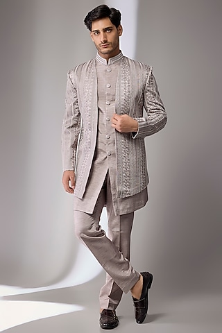 English Grey Silk Indowestern Set by Jayesh and Kaajal Shah Men