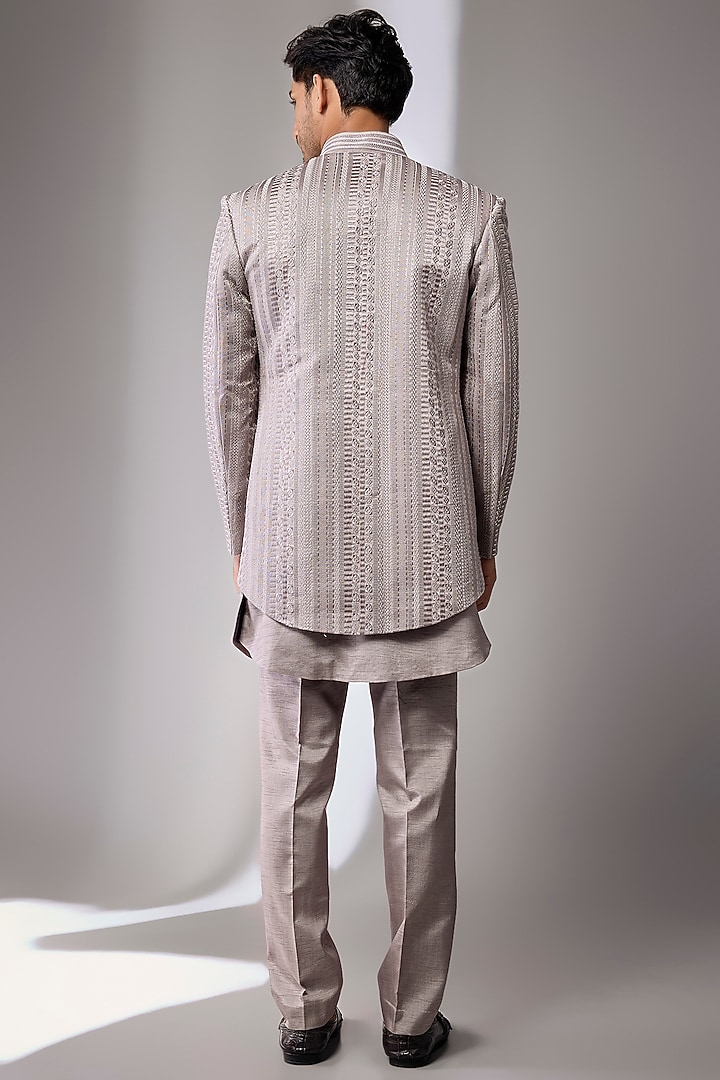 English Grey Silk Groom Indowestern Set by Jayesh and Kaajal Shah Men at Pernia's Pop Up Shop