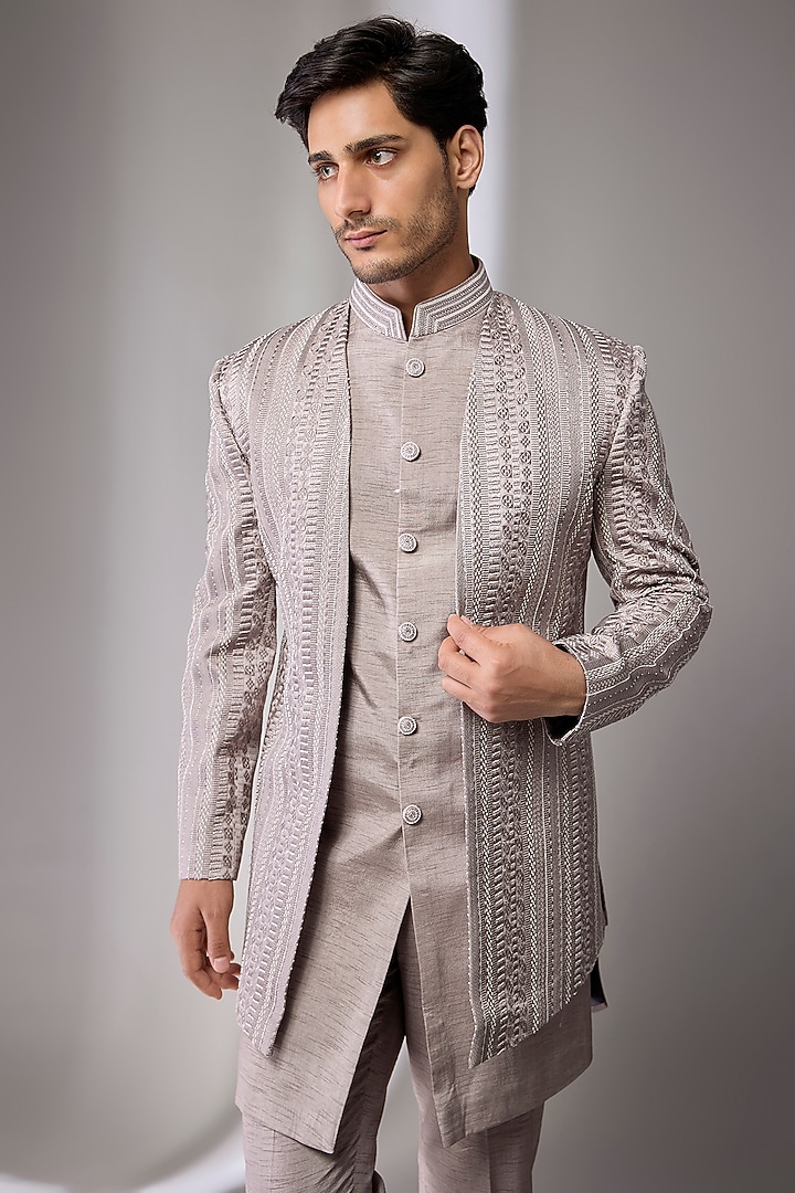 English Grey Silk Groom Indowestern Set by Jayesh and Kaajal Shah Men at Pernia's Pop Up Shop