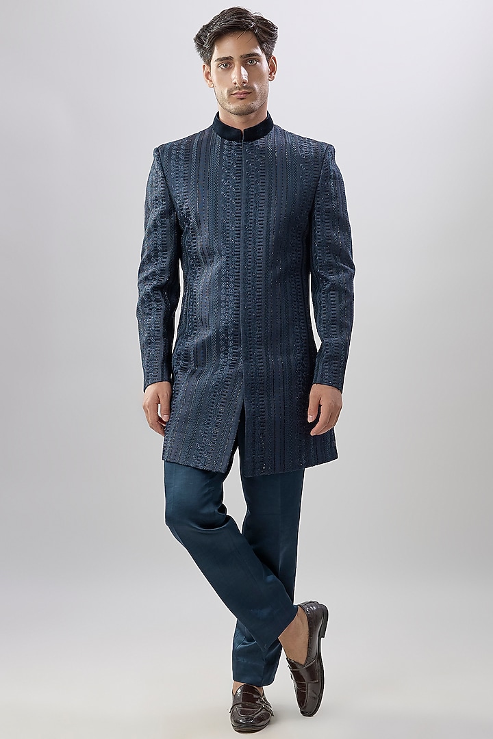 Blue Silk Wedding Indowestern Set by Jayesh and Kaajal Shah Men at Pernia's Pop Up Shop