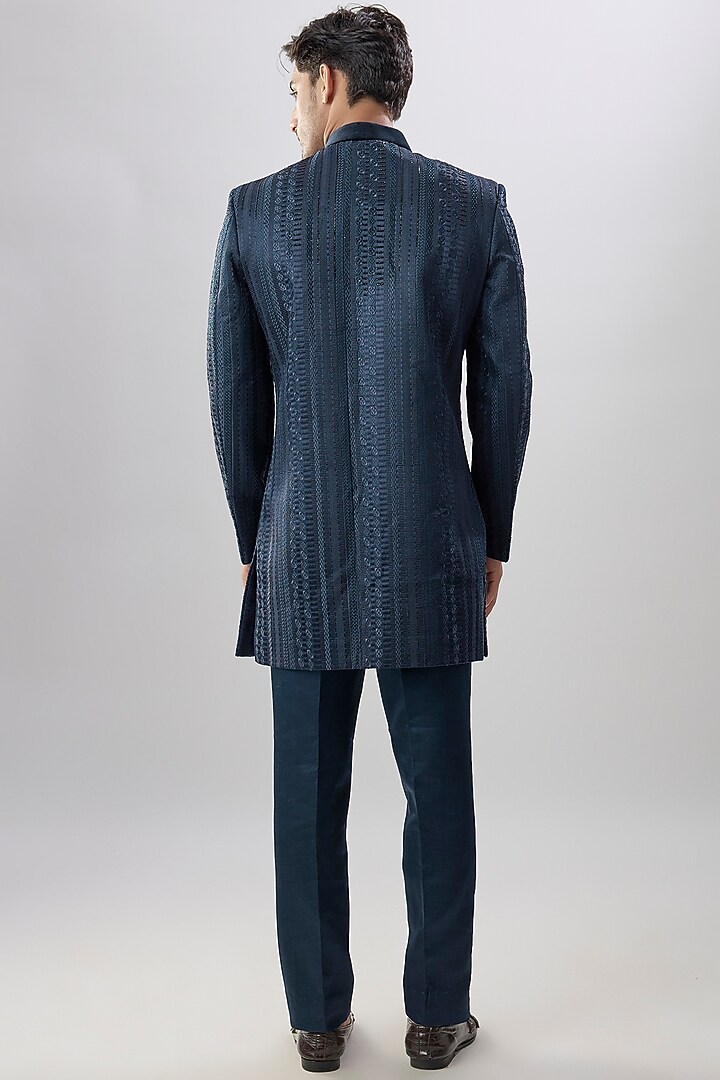 Blue Silk Wedding Indowestern Set by Jayesh and Kaajal Shah Men at Pernia's Pop Up Shop