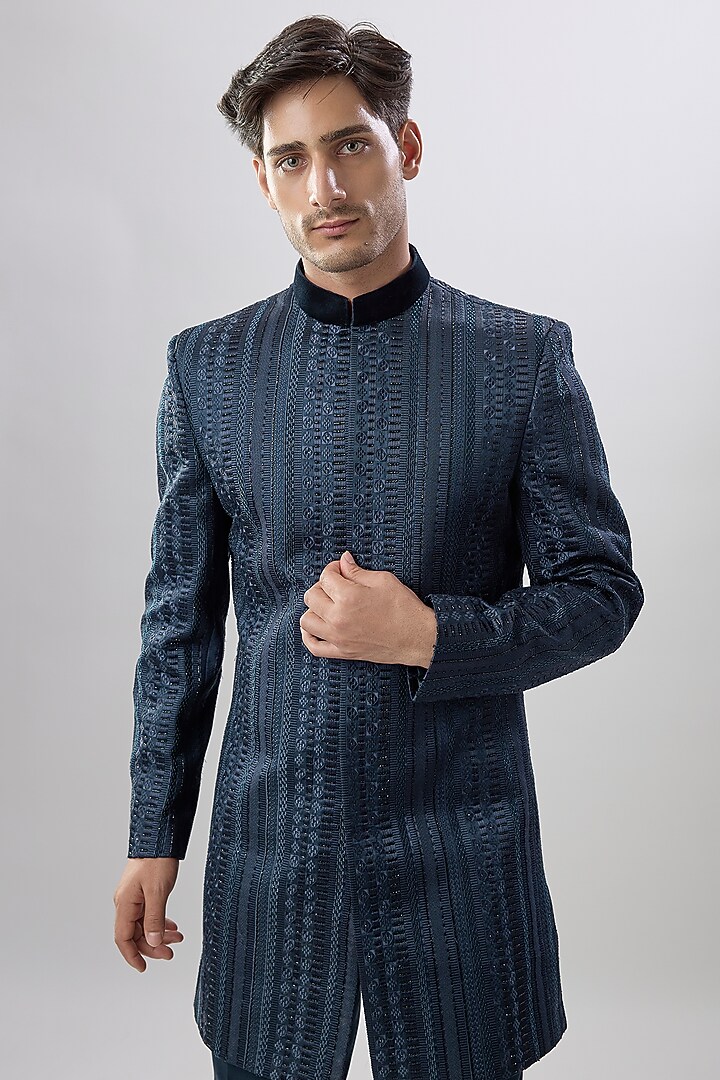 Blue Silk Wedding Indowestern Set by Jayesh and Kaajal Shah Men at Pernia's Pop Up Shop