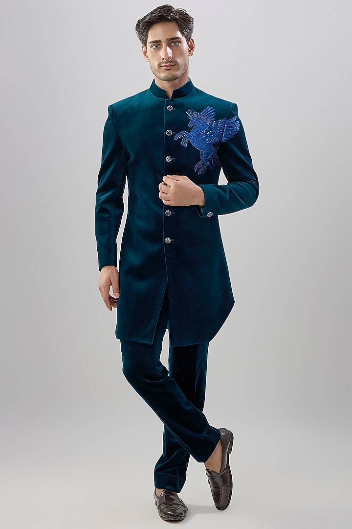 Teal Blue Velvet Wedding Indowestern Set by Jayesh and Kaajal Shah Men at Pernia's Pop Up Shop
