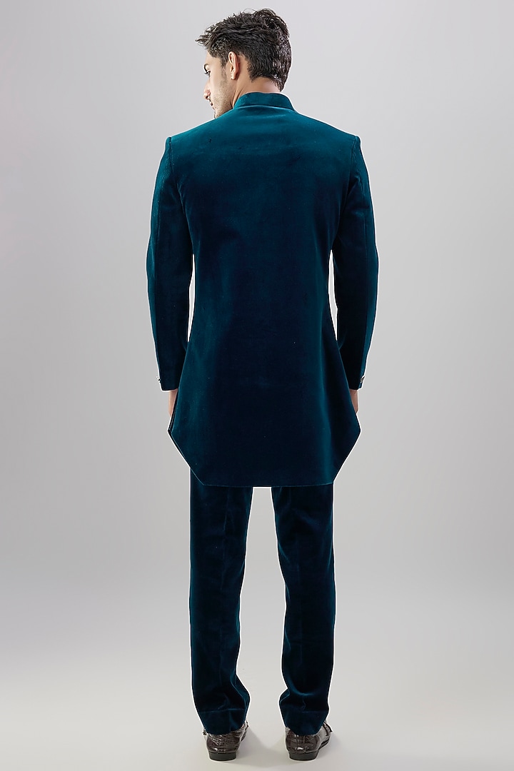 Teal Blue Velvet Wedding Indowestern Set by Jayesh and Kaajal Shah Men at Pernia's Pop Up Shop