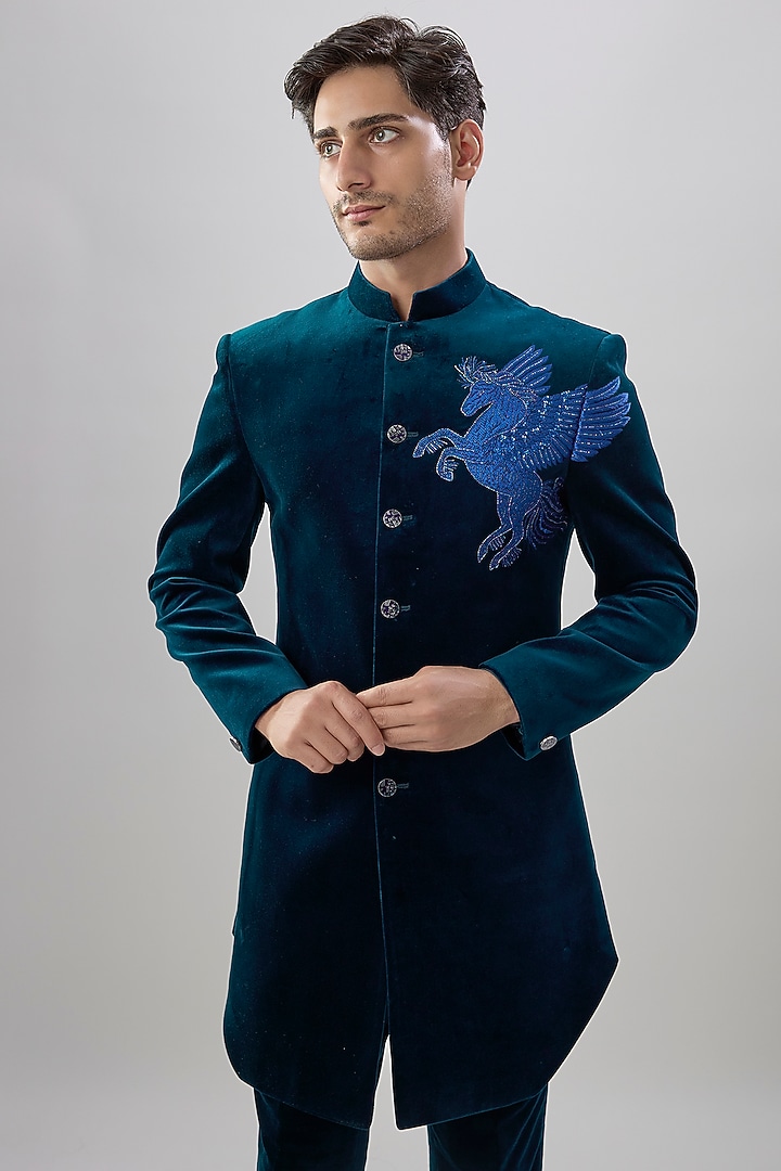 Teal Blue Velvet Wedding Indowestern Set by Jayesh and Kaajal Shah Men at Pernia's Pop Up Shop
