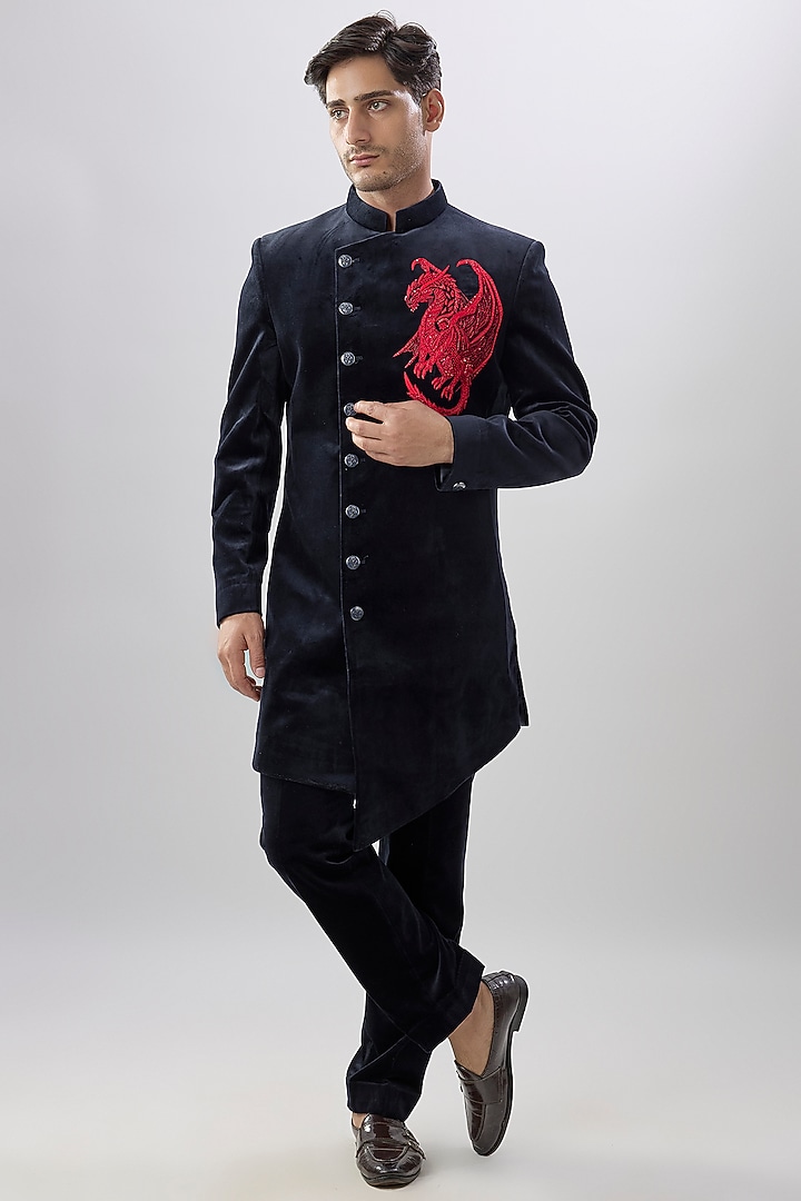 Navy Blue Velvet Wedding Indowestern Set by Jayesh and Kaajal Shah Men at Pernia's Pop Up Shop