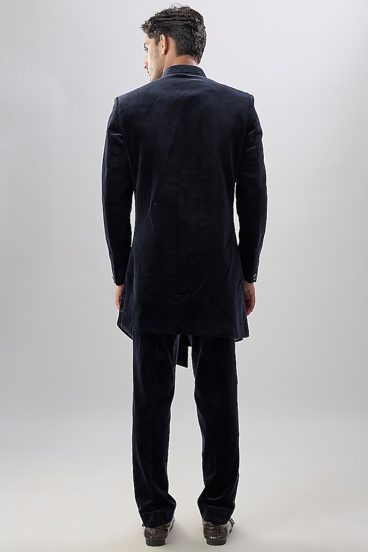 Navy Blue Velvet Wedding Indowestern Set by Jayesh and Kaajal Shah Men at Pernia's Pop Up Shop