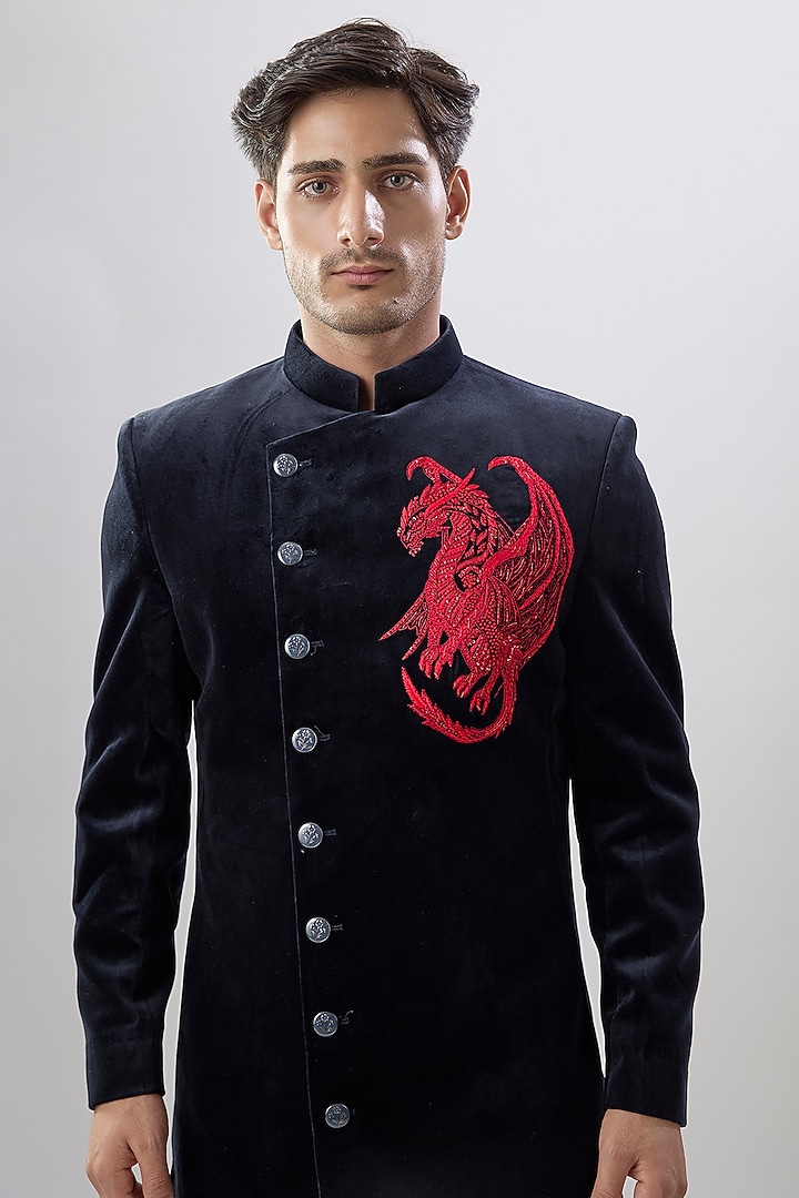 Navy Blue Velvet Wedding Indowestern Set by Jayesh and Kaajal Shah Men at Pernia's Pop Up Shop