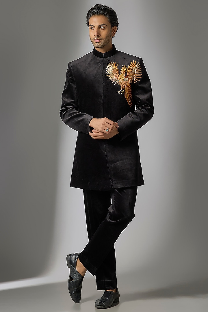 Black Velvet Indo-Western Set by Jayesh and Kaajal Shah Men at Pernia's Pop Up Shop
