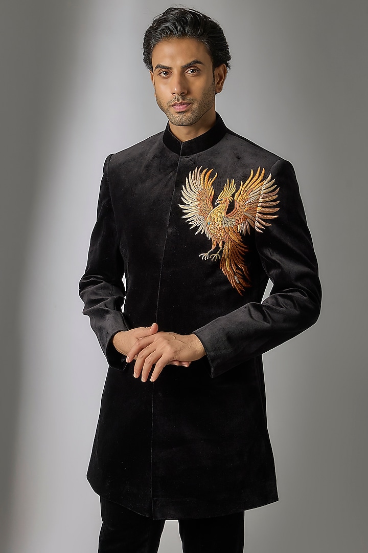 Black Velvet Indo-Western Set by Jayesh and Kaajal Shah Men at Pernia's Pop Up Shop