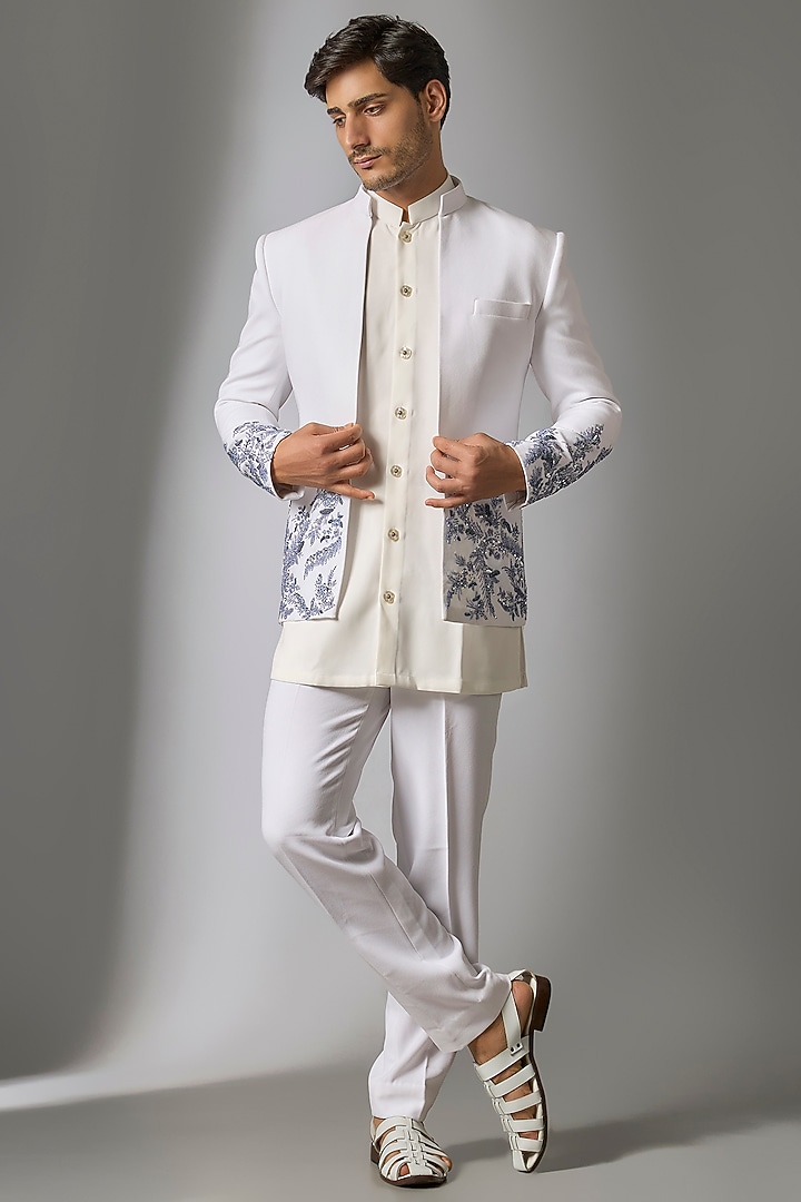 White Silk Indo-Western Set by Jayesh and Kaajal Shah Men at Pernia's Pop Up Shop