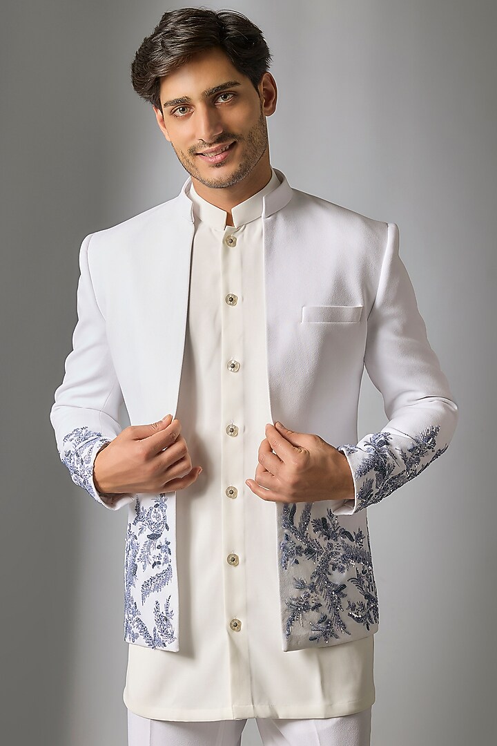 White Silk Indo-Western Set by Jayesh and Kaajal Shah Men at Pernia's Pop Up Shop