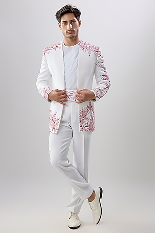 White Rayon Cotton Indowestern Jacket Set by Jayesh and Kaajal Shah Men