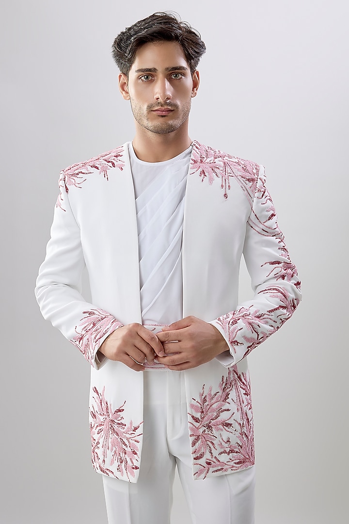 White Rayon Cotton Wedding Indowestern Jacket Set by Jayesh and Kaajal Shah Men at Pernia's Pop Up Shop