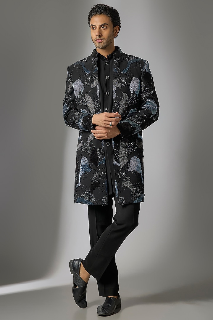 Black Polyester Indo-Western Set by Jayesh and Kaajal Shah Men at Pernia's Pop Up Shop