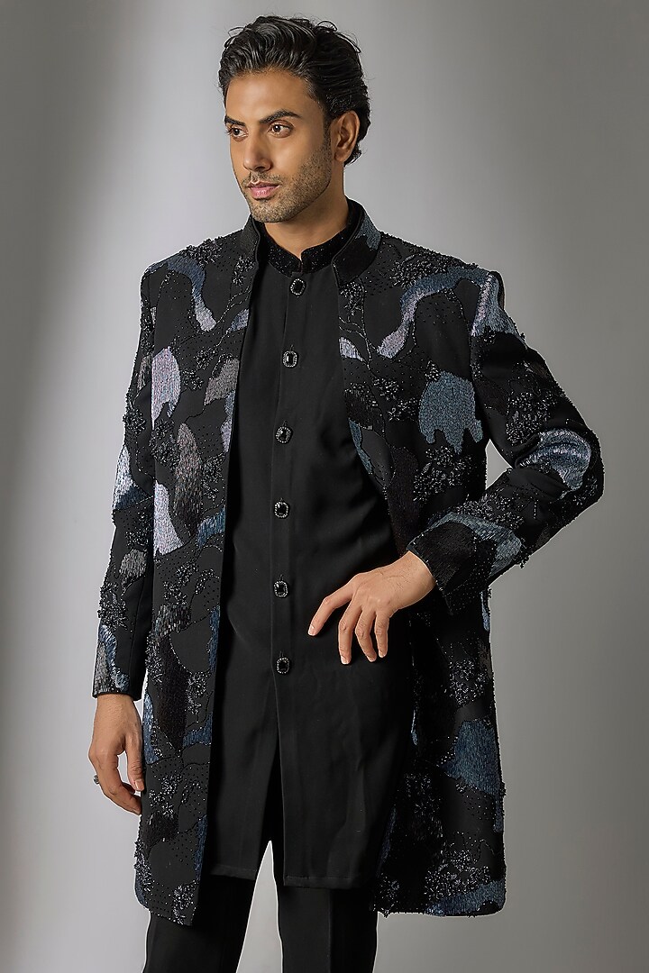 Black Polyester Indo-Western Set by Jayesh and Kaajal Shah Men at Pernia's Pop Up Shop
