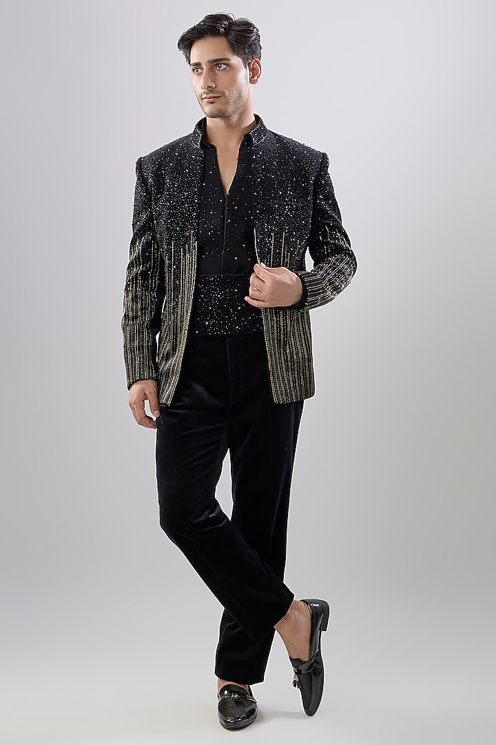 Black Velvet Thread Embellished Groom Indowestern Set by Jayesh and Kaajal Shah Men at Pernia's Pop Up Shop