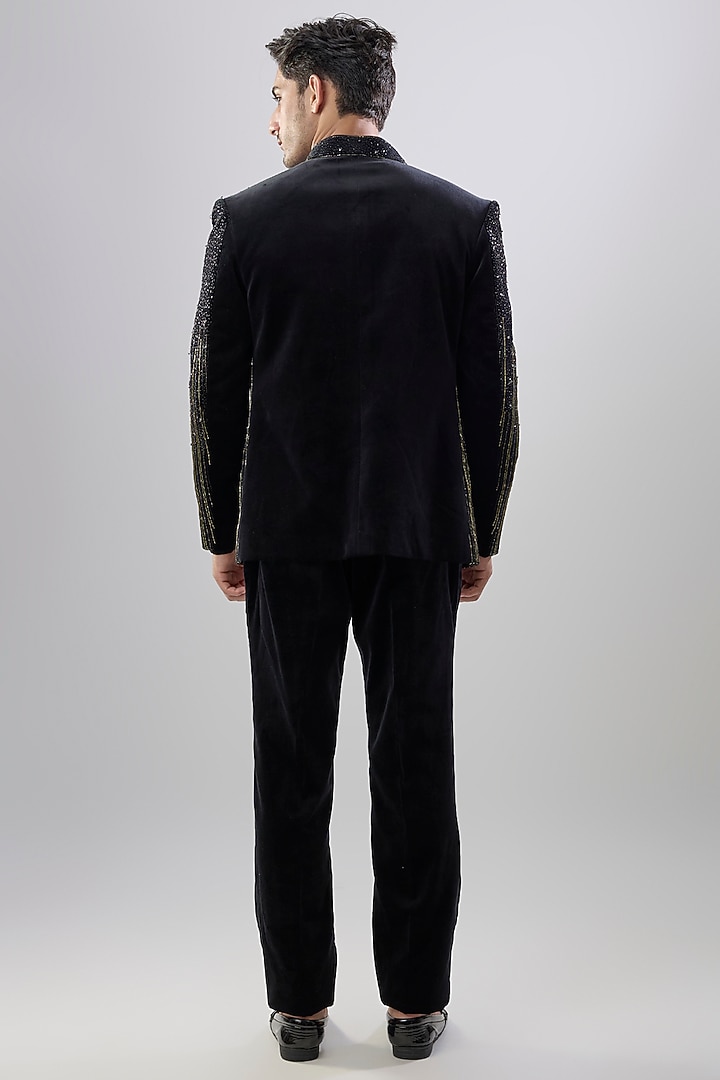 Black Velvet Thread Embellished Groom Indowestern Set by Jayesh and Kaajal Shah Men at Pernia's Pop Up Shop