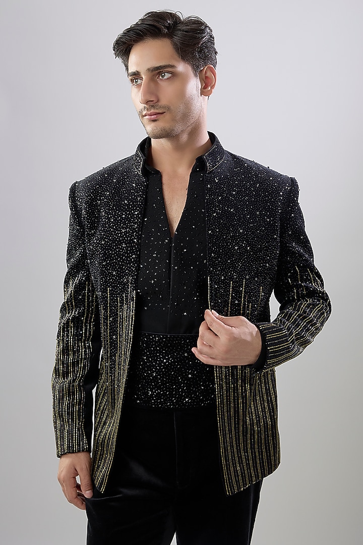 Black Velvet Thread Embellished Groom Indowestern Set by Jayesh and Kaajal Shah Men at Pernia's Pop Up Shop
