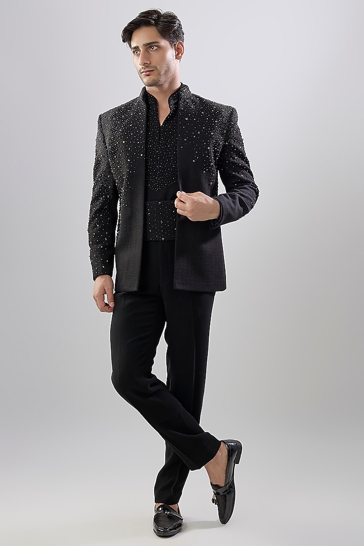 Black Textured Fabric Groom Indowestern Jacket Set by Jayesh and Kaajal Shah Men at Pernia's Pop Up Shop