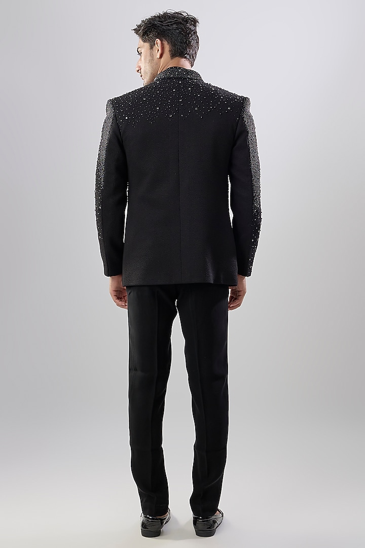 Black Textured Fabric Groom Indowestern Jacket Set by Jayesh and Kaajal Shah Men at Pernia's Pop Up Shop
